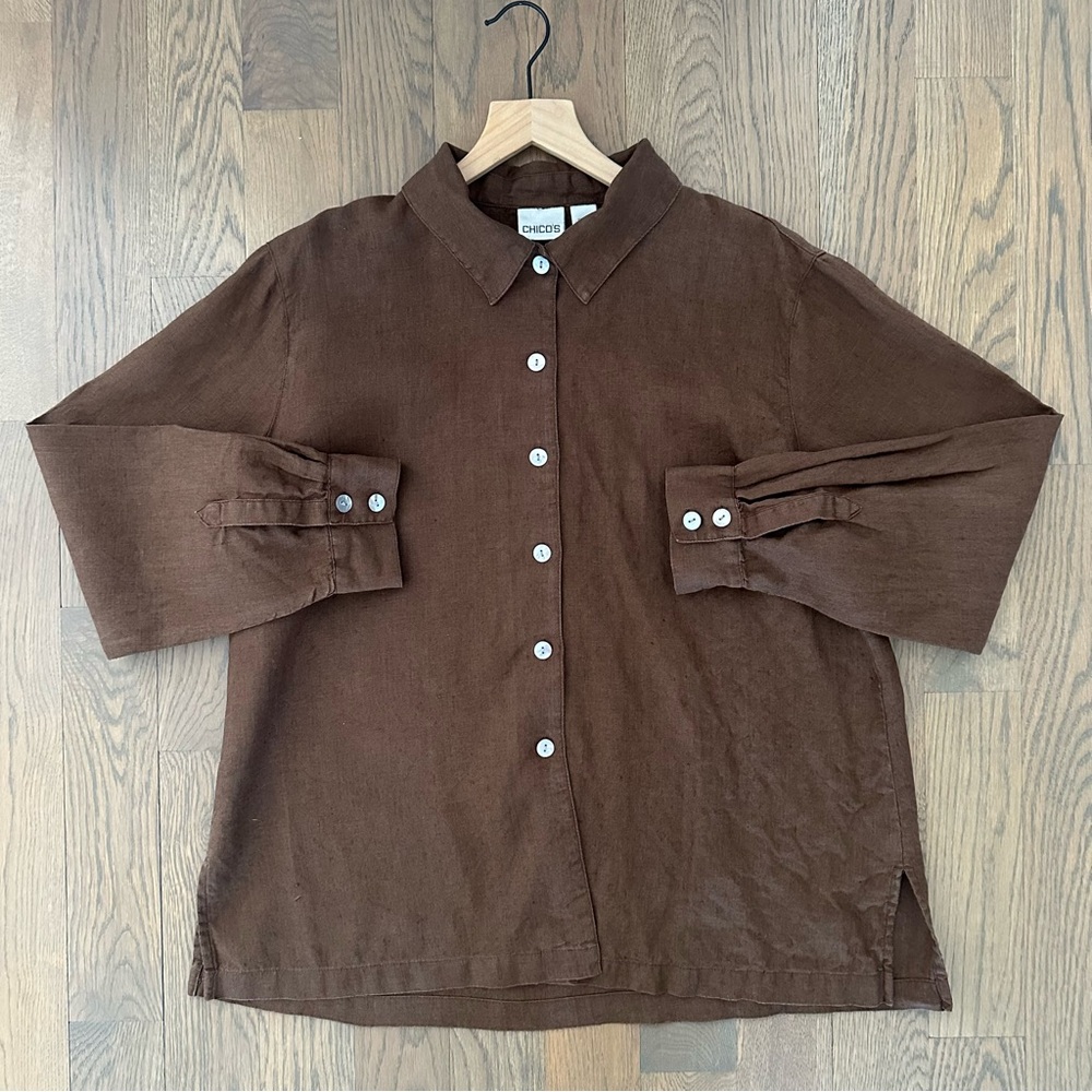 Chico's Linen Collared Oversized Tunic Length Blouse in Brown 3 / Large